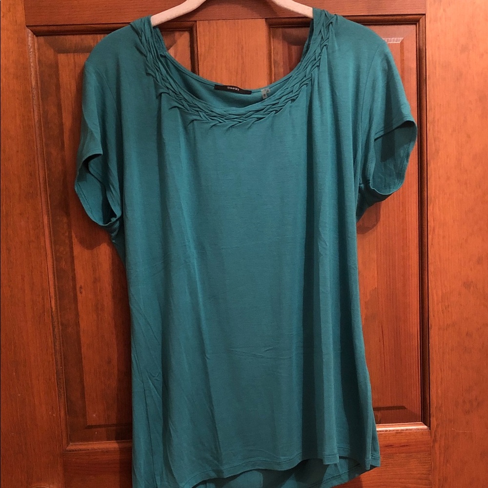 Tahari Teal Short Sleeve Scoop Neck Top with Braided Trim